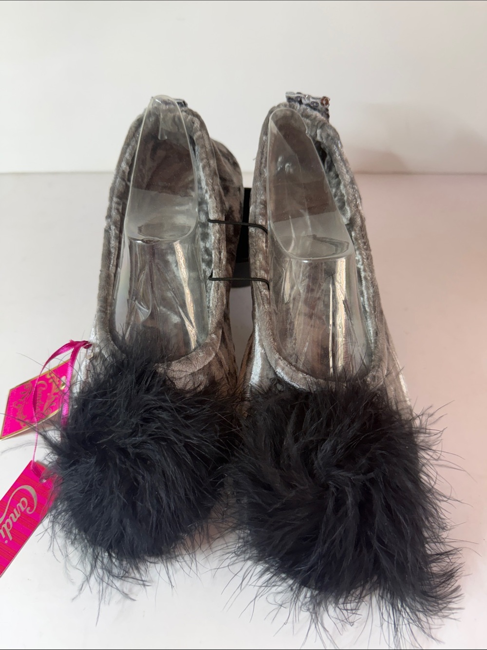 Candie's Black and Gray Fuzzy Slippers and Sparkle Eye Mask